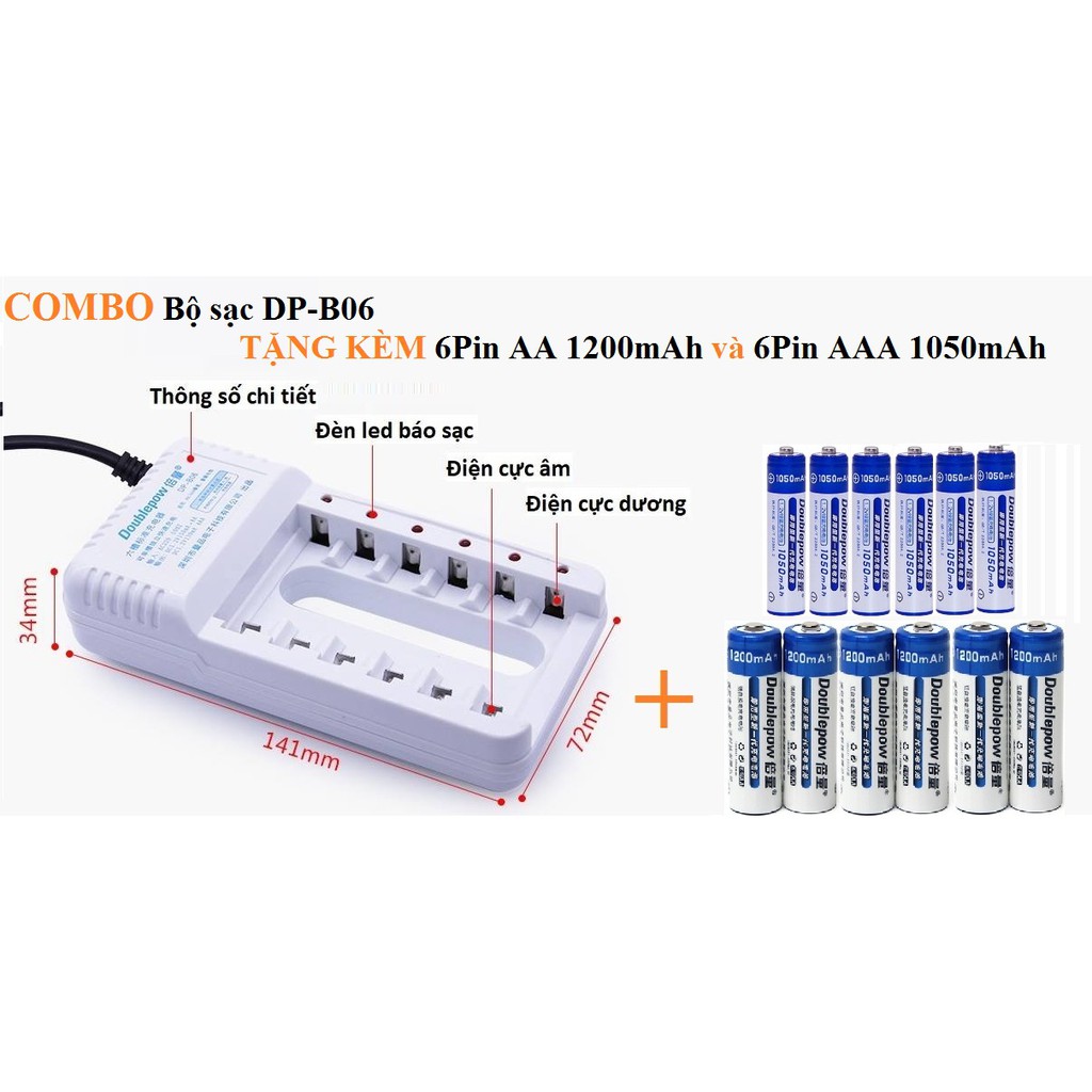 Combo Bộ sạc pin 6 khe đa năng + 6 viên pin sạc AA 1200 mAh + 6 pin sạc AAA 900 mAh Doublepow