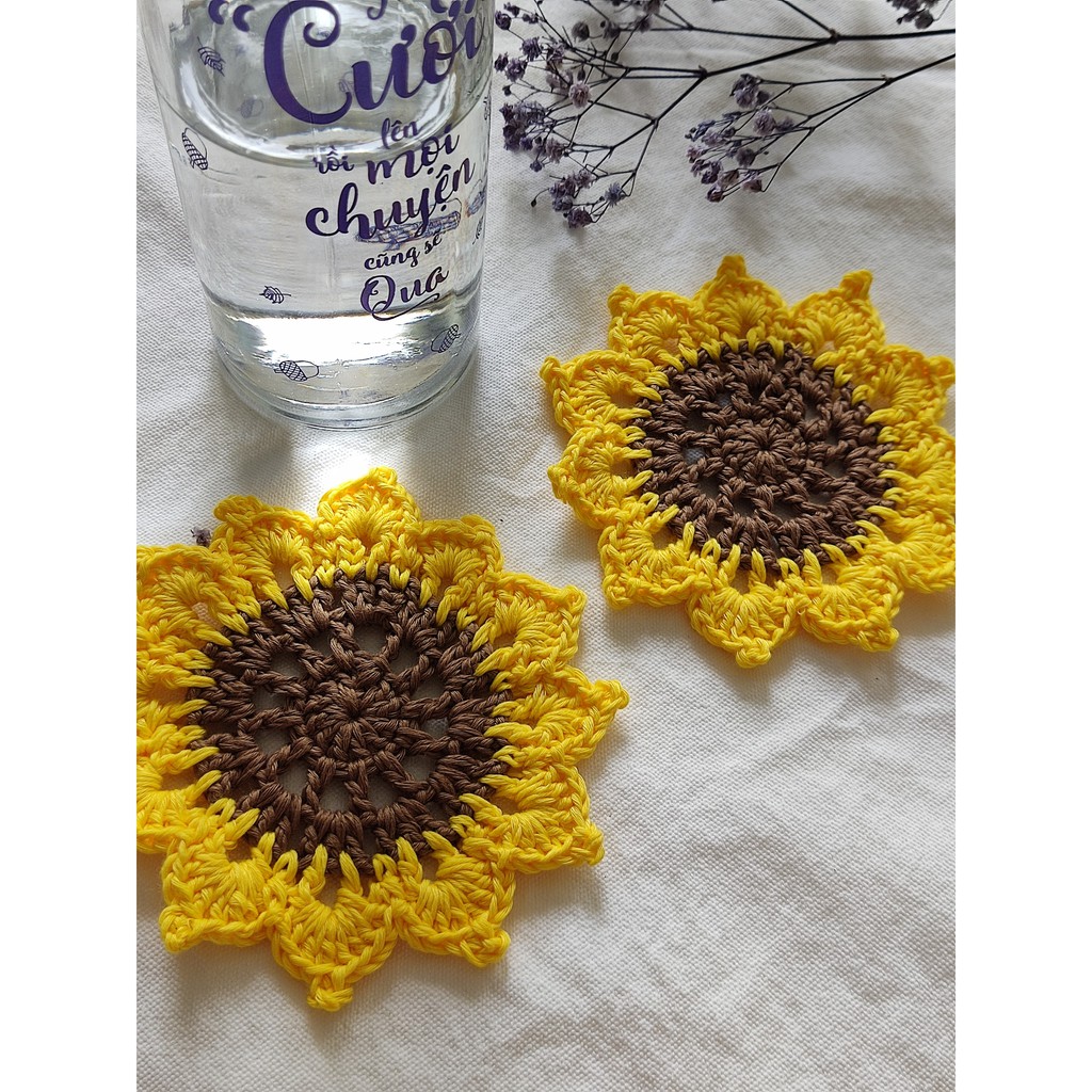 Đế lót cốc, miếng lót ly thấm nước hoa hướng dương handmade từ vải len cực xinh xắn