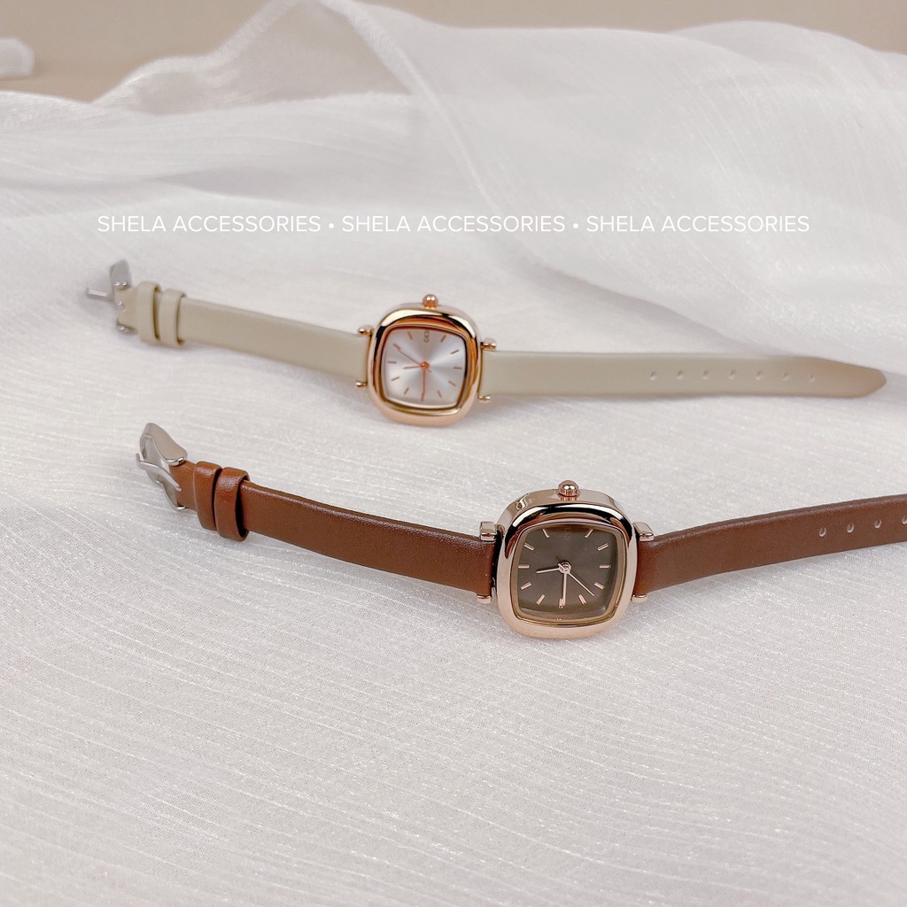 Đồng hồ nữ dây da chính hãng đẹp mặt vuông đeo tay thời trang chống nước 3ATM vintage màu nâu, trắng ulzzang GEDI GD03