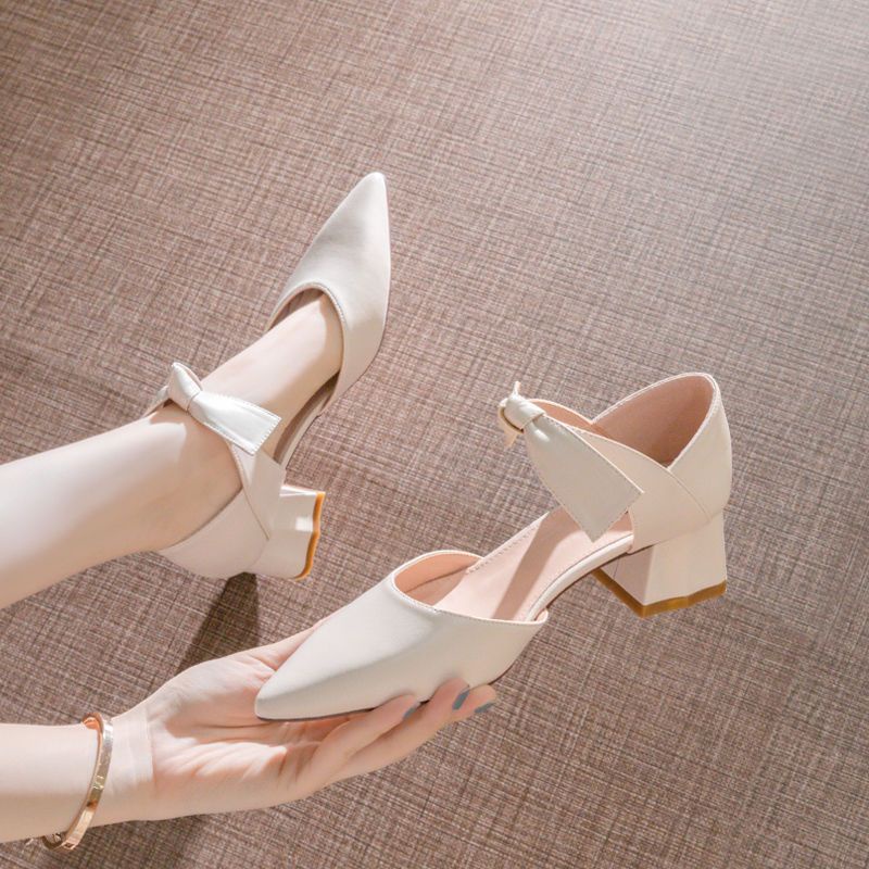 Rsevp giày cao gót trắng cô dâu giày cao gót trắng đế vuông giày cao gót mũi nhọn đính đá giày cao gót mũi nhọn 5p Giày Cao Gót 5cm Mũi Nhọn Đính Nơ Thời Trang Mới Cho Nữ
