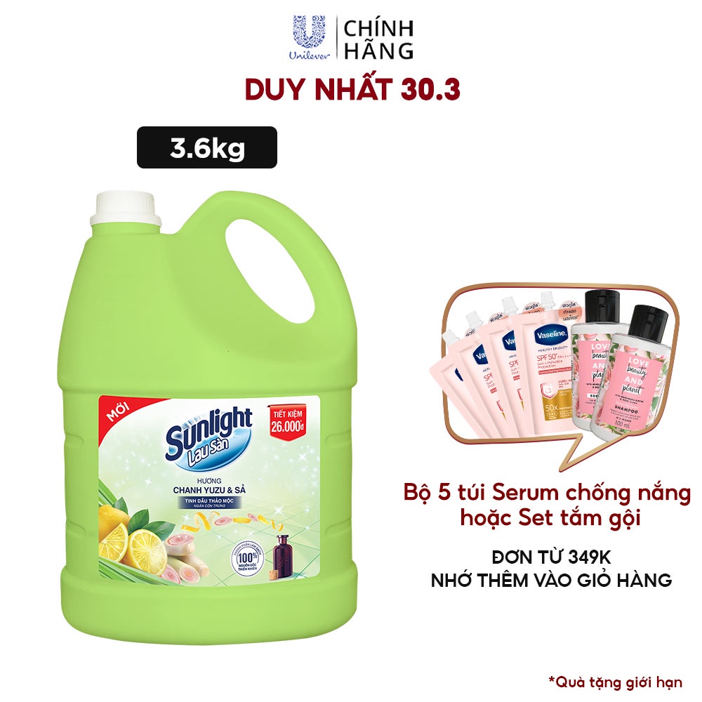 Nước Lau Sàn Sunlight Tinh Dầu Thảo Mộc Hương Hương Chanh Yuzu &amp; Sả 3.6 Kg - Sạch Thơm Thư Thái - Nhà Thêm Trong Lành