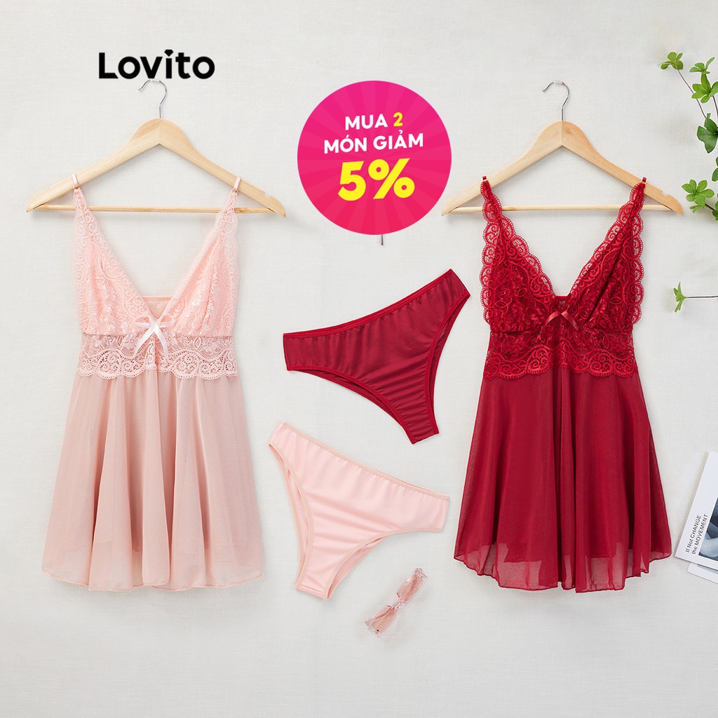 Đồ lót sexy Lovito phối ren lưng cao cổ chữ V sâu L17X059 (màu hồng/ đỏ)