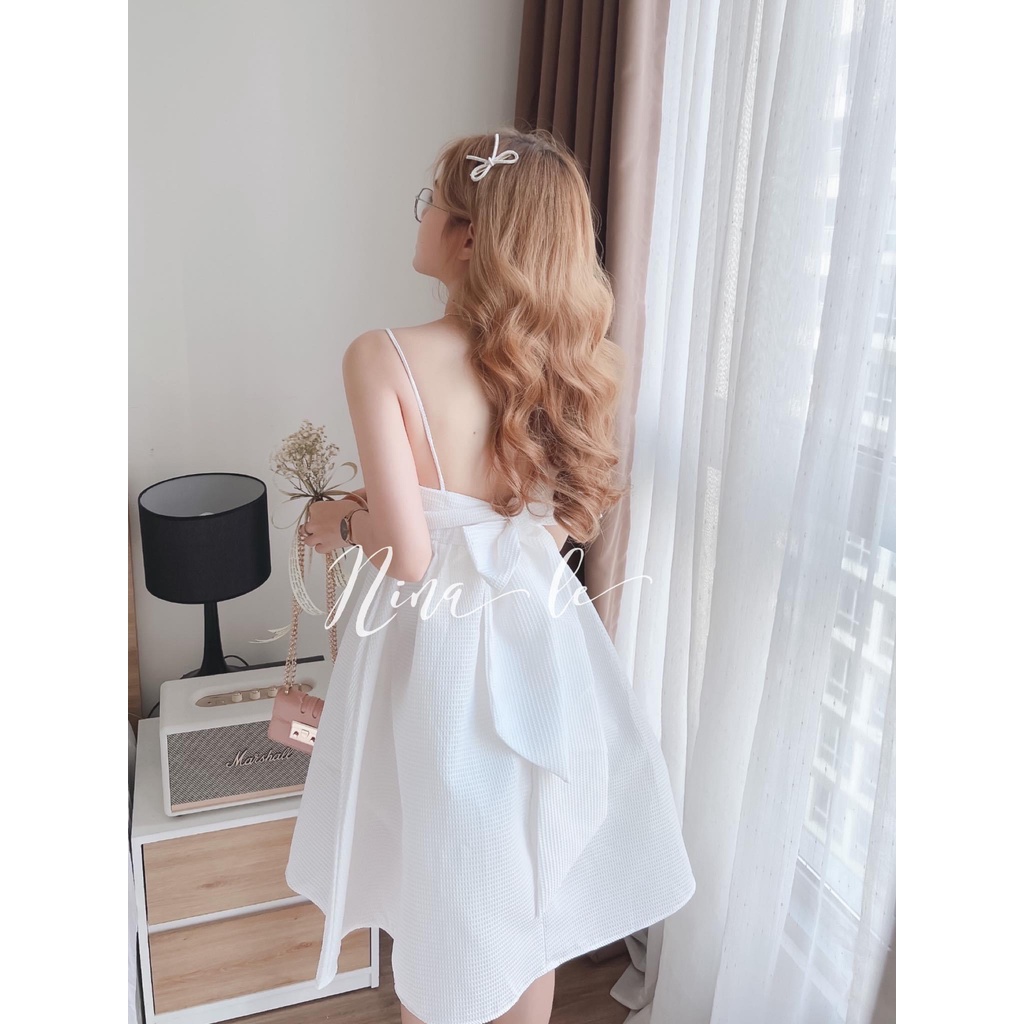Váy babydoll - Đầm nữ xòe 2 dây cột nơ lưng chất đũi xốp cao cấp phong cách tiểu thư Hk shop9720