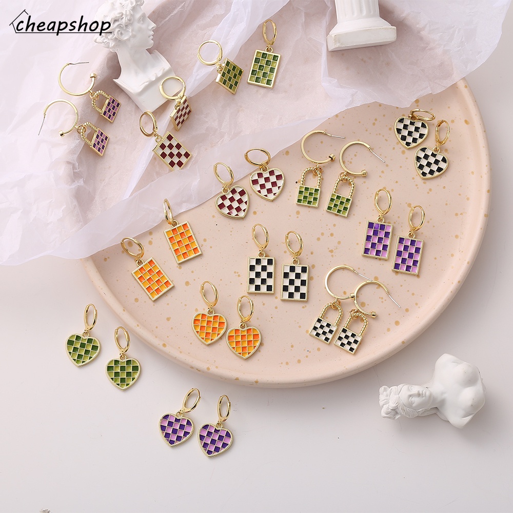 iF YOU Bông tai hình ổ khóa trái tim họa tiết caro màu vàng thời trang