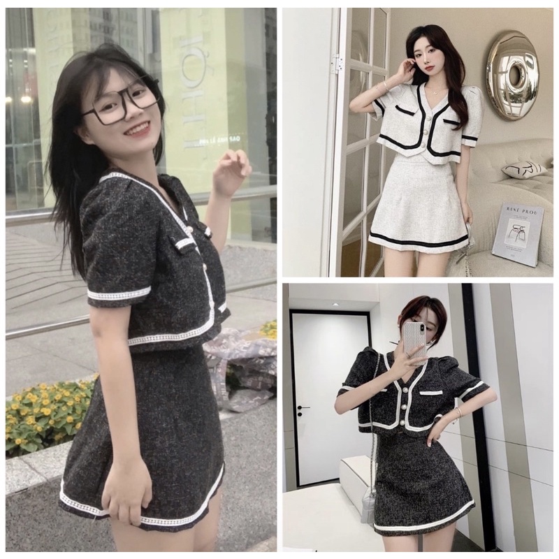 Set Dạ Tiêu Viền Ren 2 Màu, Set Bộ Áo Khoác Dạ Mix Chân Váy