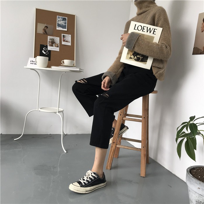 quần baggy đen trắng rách gối ulzzang order quần jean ống suông dáng hàn quốc CÓ ẢNH THẬT