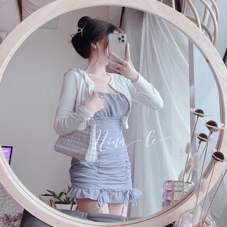 Sét Váy Xanh Lụa Tằm Kèm Áo Khoác Tăm