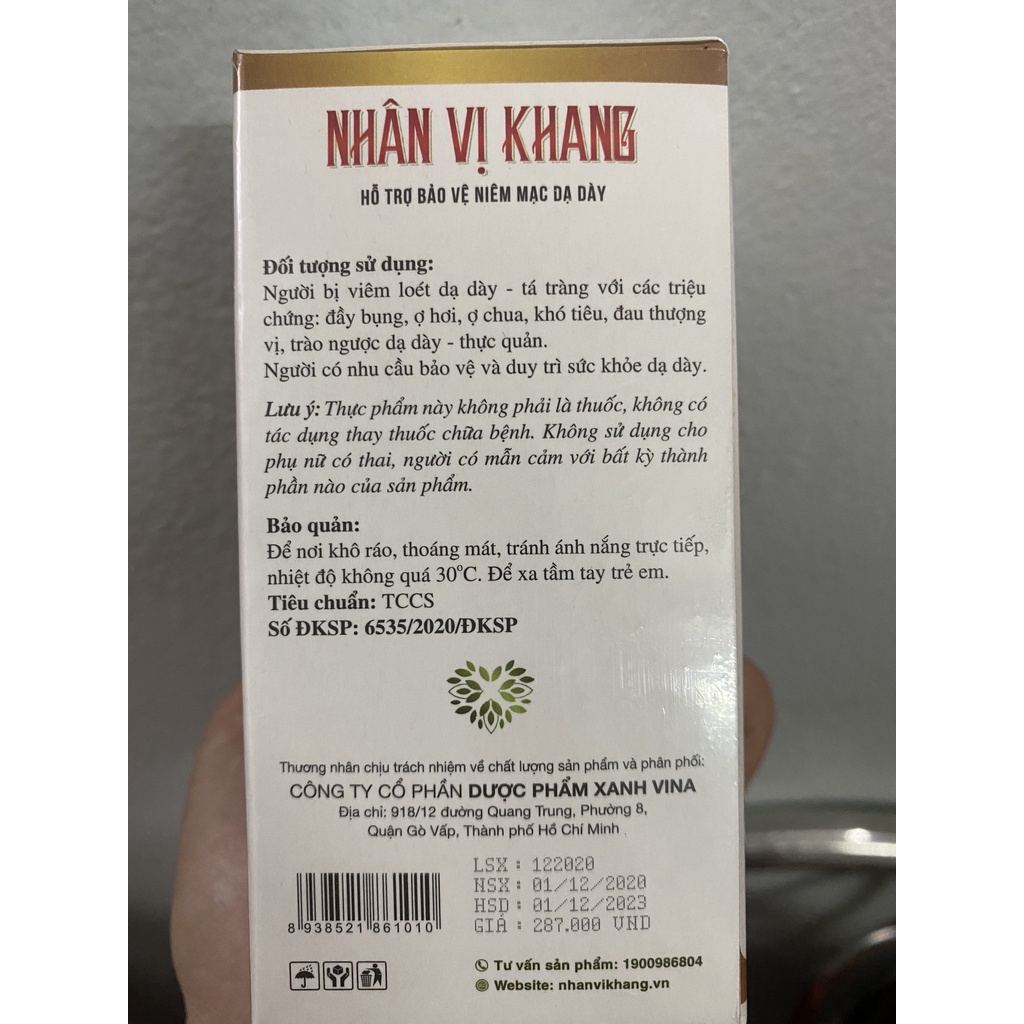 Thuốc NHÂN VỊ KHANG Hỗ trợ điều trị viêm loét dạ dày, trào ngược dạ dày.buồn nôn và nôn khan,hẹp môn vị...