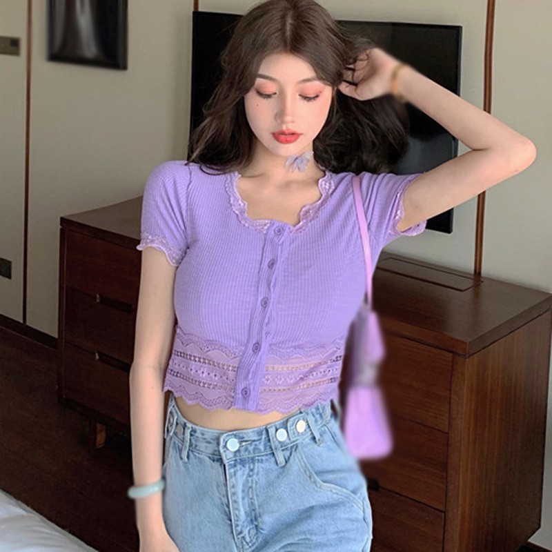 Áo Dệt Kim Ngắn Tay Cổ Tròn Phối Ren Xinh Xắn Dành Cho Nữ