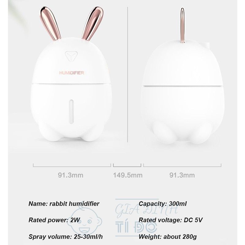 Máy Phun Sương Tạo Ẩm Không Khí Hình Thỏ Dung Tích 300ml Có Đèn Led Đổi Màu