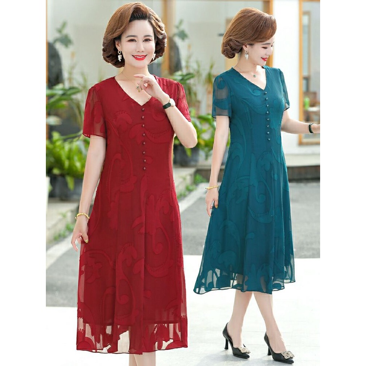 Đầm tay ngắn phối ren màu đỏ thời trang mùa hè sang trọng cho nữ trung niên