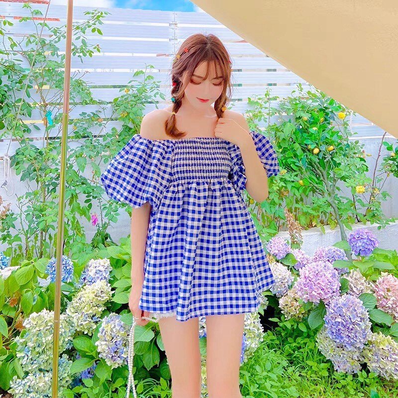 Đầm Trễ Vai Tay Bồng Caro PEONYB Nữ [FREESHIP] 🌸 Váy babydoll hở lưng bánh bèo tiểu thư màu XANH | HỒNG Ulzzang HOT 🌸 | BigBuy360 - bigbuy360.vn