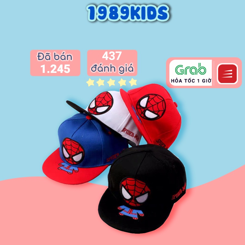 Mũ cho bé trai Snapback 1989KIDS phù hợp trẻ em từ 3 đến 7 tuổi  vòm 52cm điều chỉnh dễ dàng,hoạt tiết người nhện đáng y