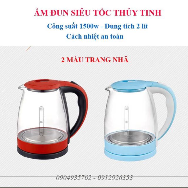 (Vocher 10k) Bình đun siêu tốc thủy tinh 1500w, màu xanh, đỏ