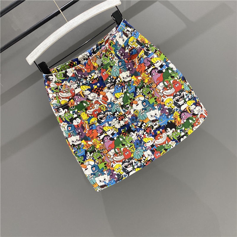 Jiashucheng Chân Váy Denim Chữ a Lưng Cao In Họa Tiết Hoạt Hình Thời Trang Mùa Hè Dễ Phối Đồ