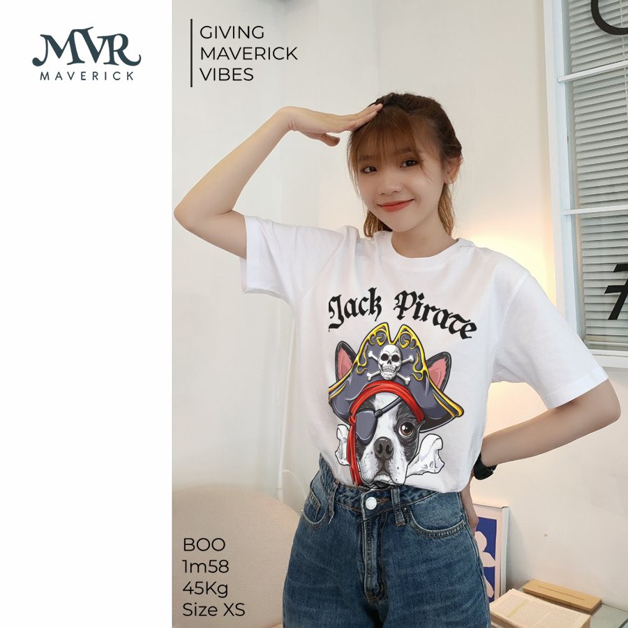 Áo thun nam nữ phom rộng Cotton thoáng mát đầu chó Boston Terrier xương chéo cướp biển MVR KK3962