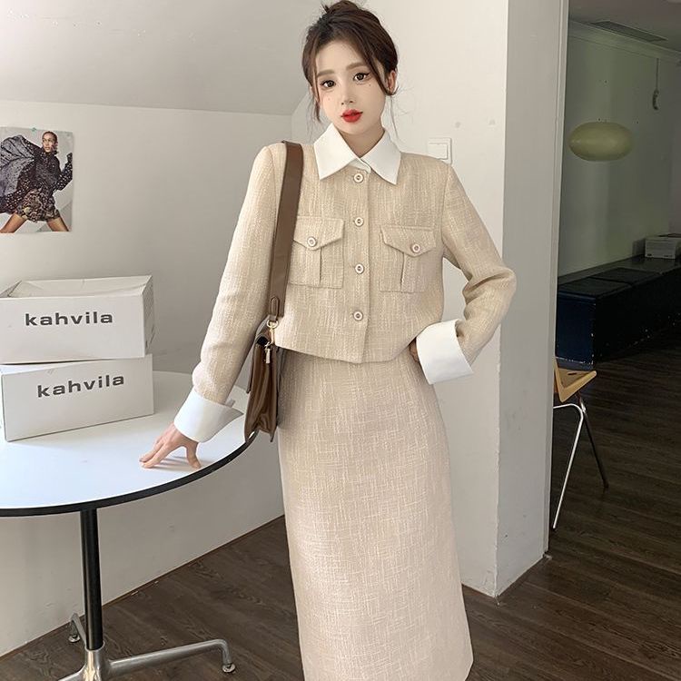 Set Áo Khoác Tay Dài + Chân Váy Xẻ Tà Thời Trang Mùa Thu 2022 Cho Nữ