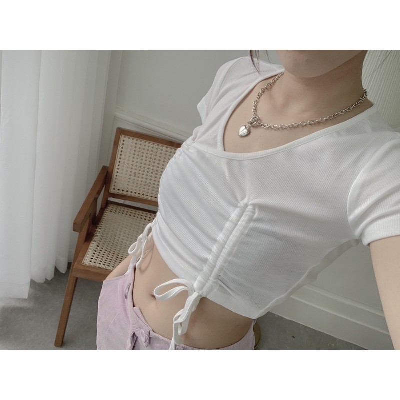 Áo croptop tay ngắn thun rút ngực