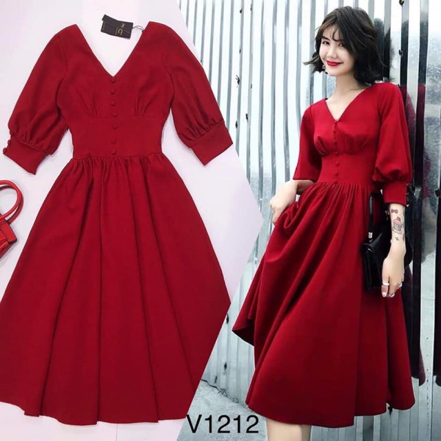 Váy xòe nữ cổ V công sở tay lỡ dáng dài đầm xòe dự tiệc thiết kế công sở TNT