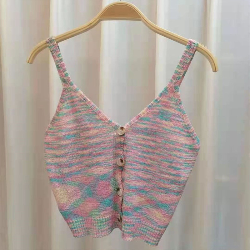 Áo Croptop Dệt Kim Hai Dây Cài Nút Cổ V Sâu Họa Tiết Kẻ Sọc Nhiều Màu Thời Trang Mùa Hè Quyến Rũ Cho Nữ