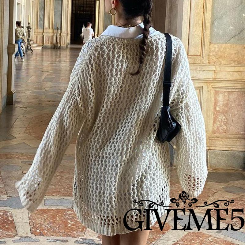 GIVEME-Women Sexy Hollow-out Knit Smock Blouse, Loose Round Neck Long Sleeve Fishnet Pullover Knitwear