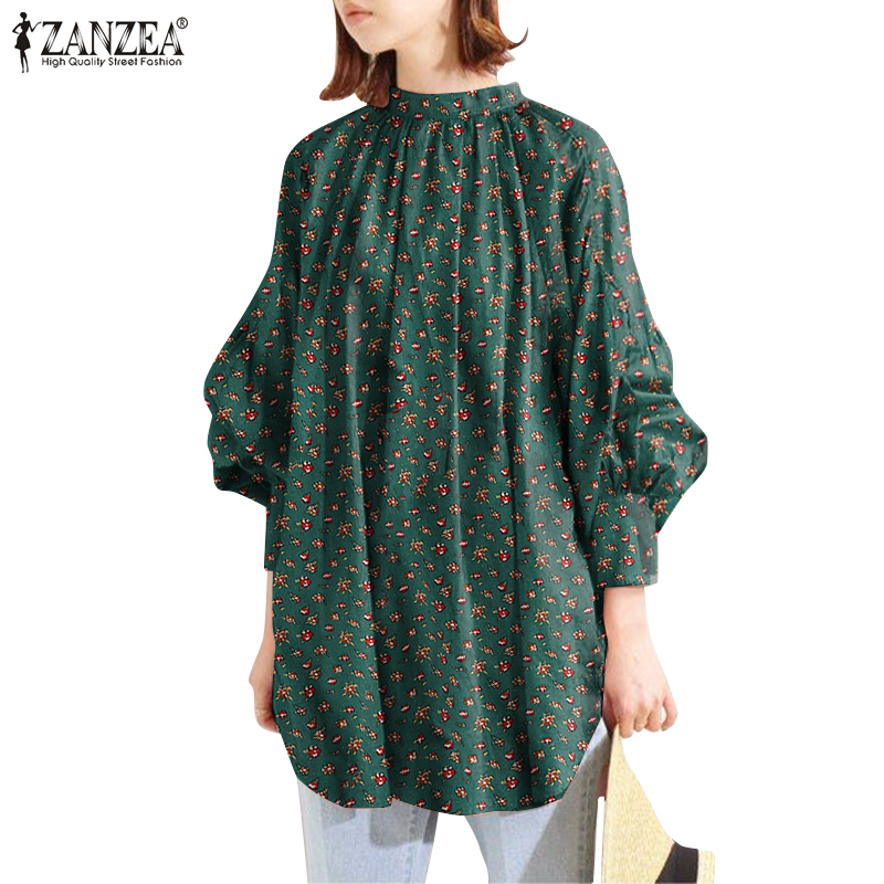 ZANZEA Women Stand Collar Printed Long Puff Sleeve Loose Blouse