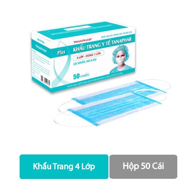 Khẩu trang y tế Tanaphar xanh 4 lớp (hộp 50 chiếc)