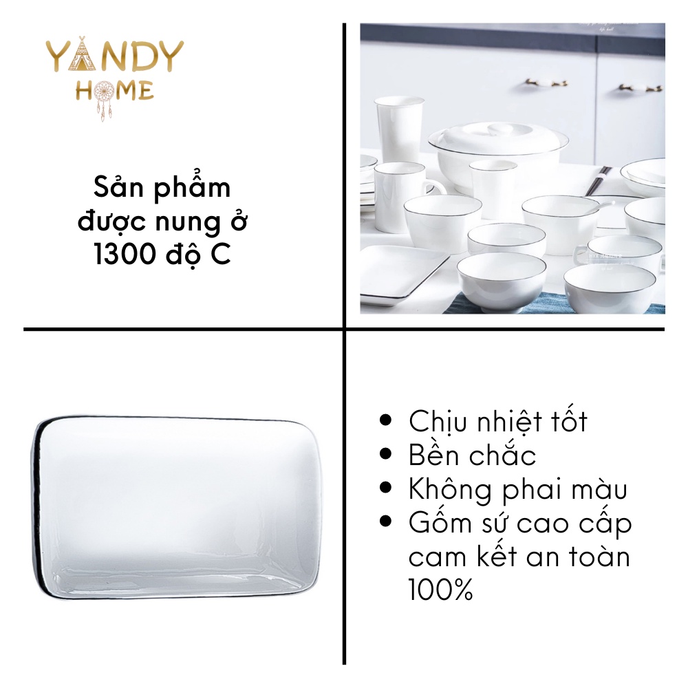 Bát đĩa gốm sứ YANDY HOME BB07 men trắng bóng viền đen trang sọng