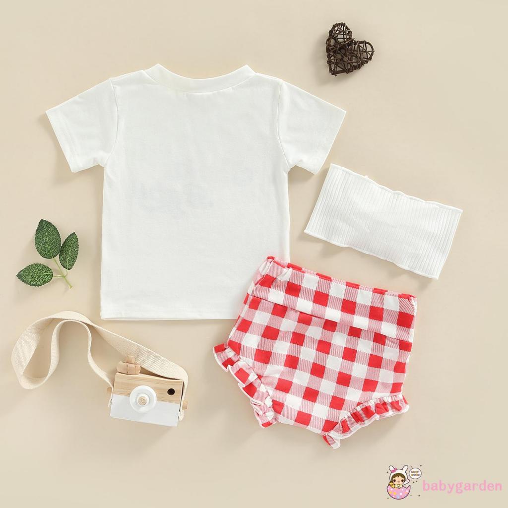 Bộ Áo Thun Tay Ngắn In Chữ + Quần Short Caro + Băng Đô Thời Trang Dành Cho Bé Gái 0-24 Tháng Tuổi
