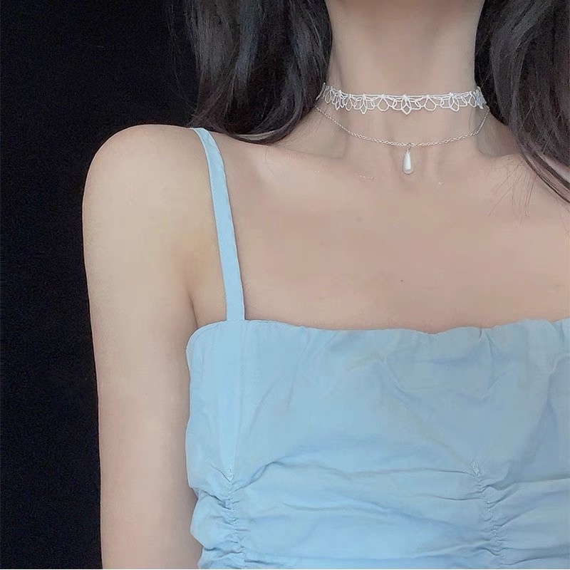 Vòng Cổ Choker Hai Lớp Đính Hạt Ngọc Trai Thời Trang