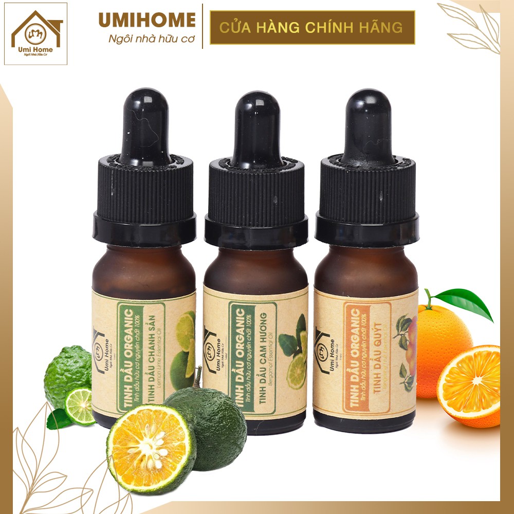 Combo 3 lọai tinh dầu UMIHOME gồm Chanh Lime, Cam Hương, Quýt  (10mlx3) hữu cơ nguyên chất