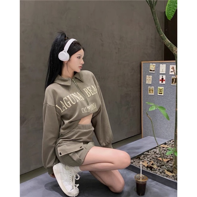 Set bộ Laguna beach dài tay khoá kéo phối chân váy túi hộp thu đông