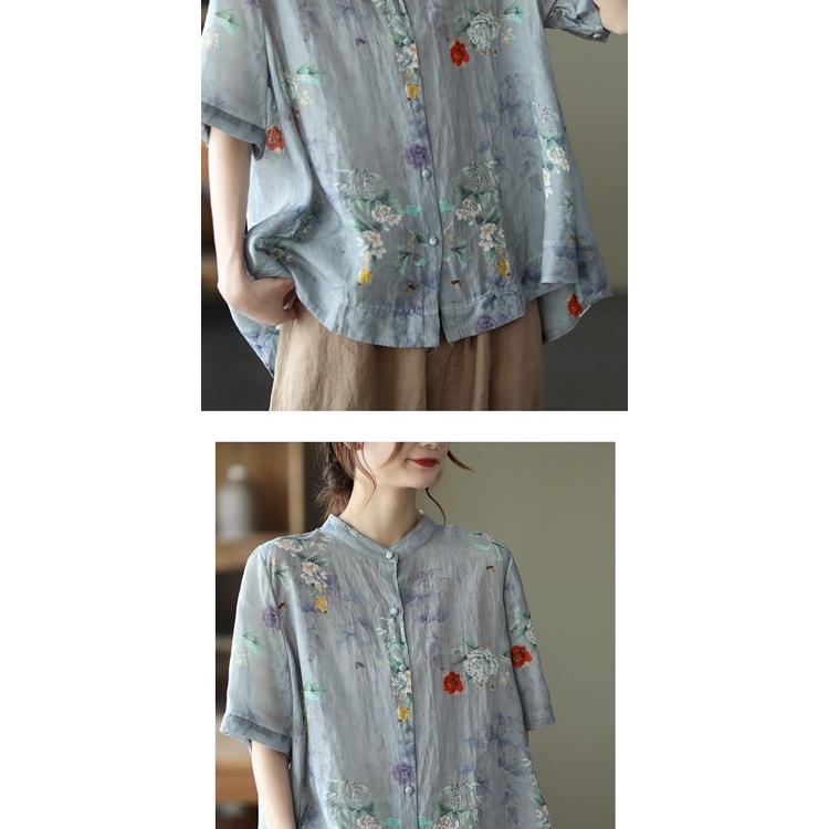 Áo Sơ Mi Cotton Lanh Tay Ngắn Dáng Rộng In Họa Tiết Kỹ Thuật Số Thời Trang Mùa Hè Mới 2022