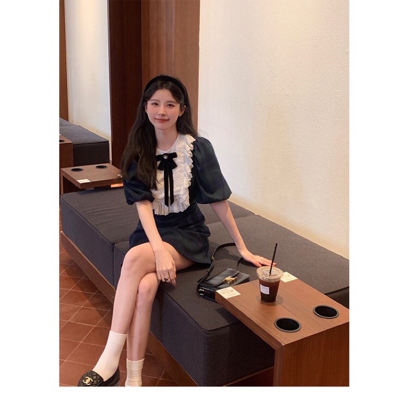 SẴN SIZE M |CLOWDY DRESS| Đầm caro xanh tiểu thư cài nơ TLÉA