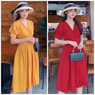 Đầm cổ v nút bọc 2 màu
