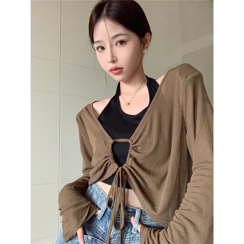 LALISAS Áo Dệt Kim Mỏng Phối Dây Rút Phong Cách Thời Trang Hàn Quốc