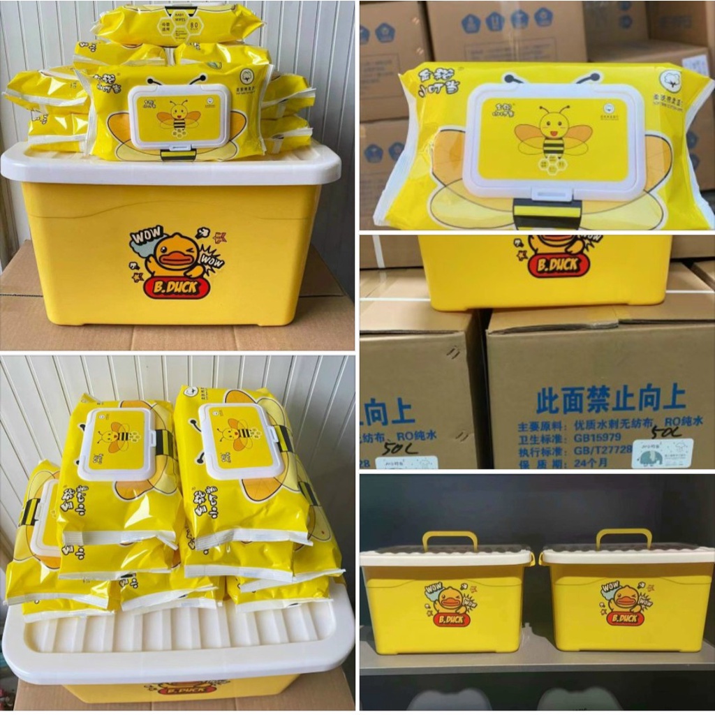 Thùng 10 gói khăn giấy ướt con vịt vàng+ tặng kèm thùng nhựa tiện dụng siêu đáng yêu