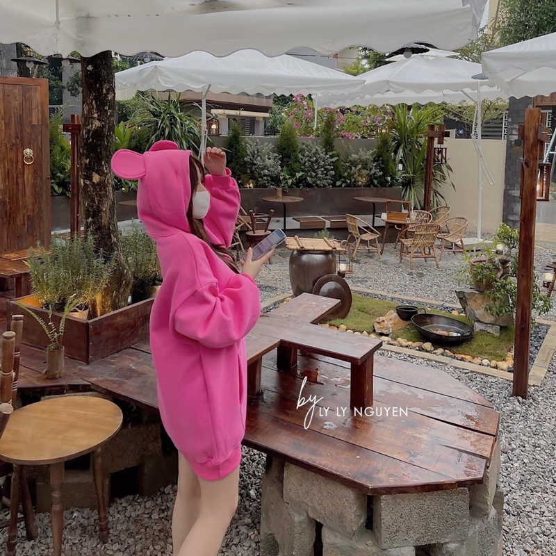 (Ảnh thật) Áo hoodie hồng tai gấu siêu xinh