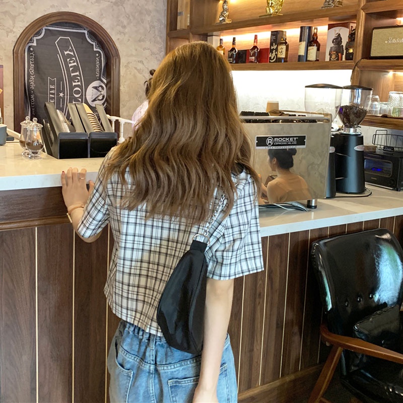 Áo Khoác Blazer Tay Ngắn Họa Tiết Sọc Caro Phong Cách Hàn Quốc