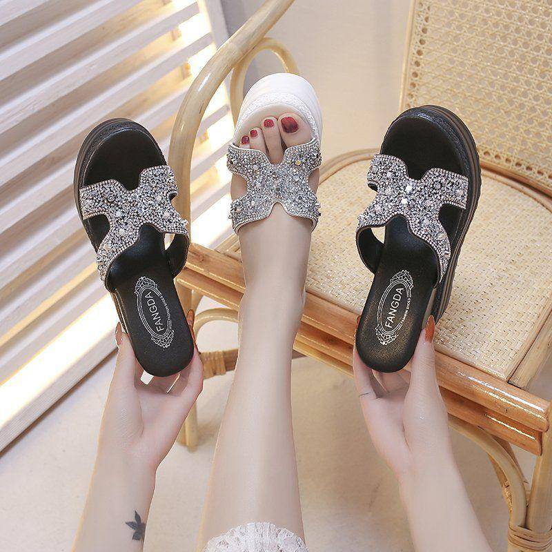 Dép Đế Dày 12cm Không Thấm Nước Đính Đá Lấp Lánh Thời Trang Mùa Hè