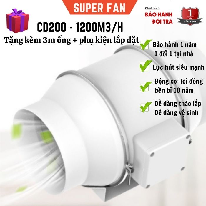 Quạt hút thông gió CD200 - áp lực cao chuyên hút mùi bếp - thông gió phòng nhà dân dụng quán ăn hoặc xưởng vừa và nhỏ