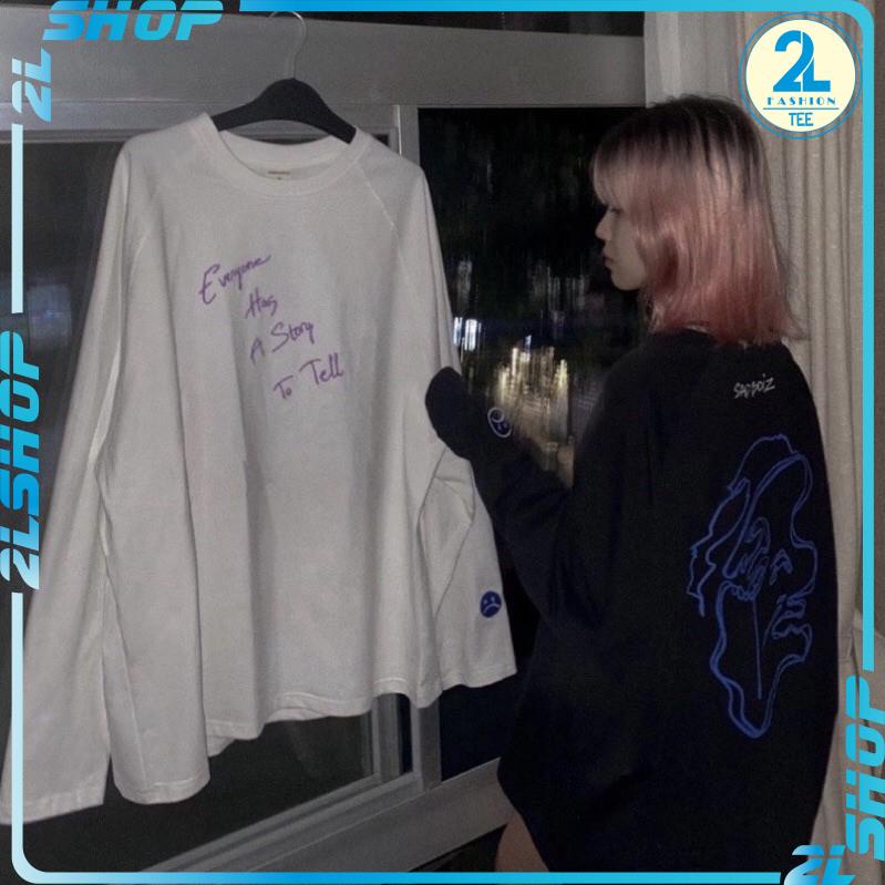 Áo thun tay dài   unisex form rộng  sadboiz SADSTORY LONG SLEEVE in hình mặt xanh có (logo Thêu Tay)