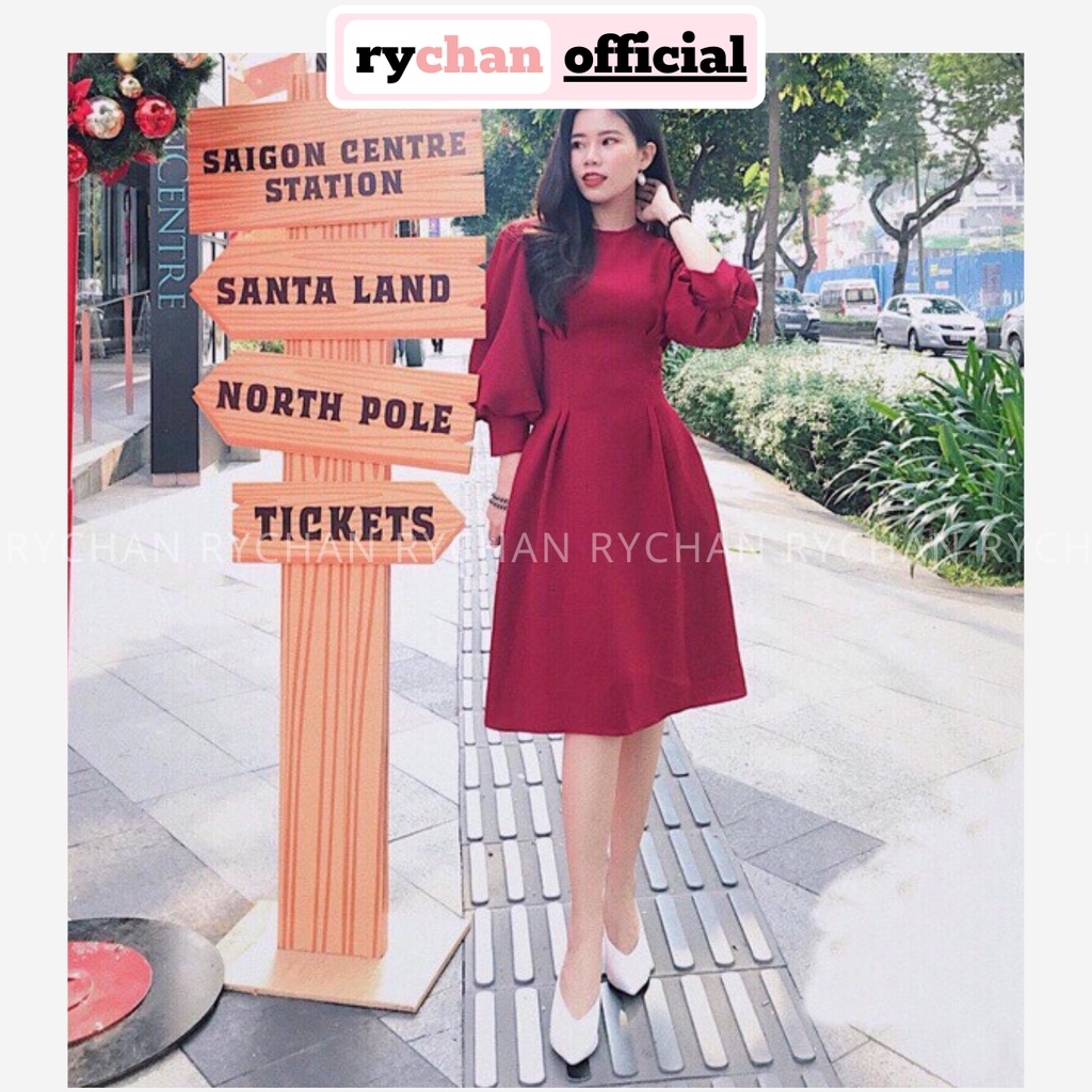DX632 - Đầm Xòe Đỏ Tay Phồng Cổ Tròn