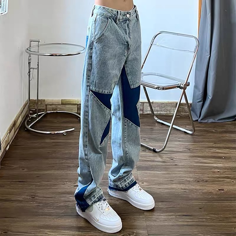 Quần jean ống rộng unisex họa tiết thêu sao cao cấp phong cách đường phố