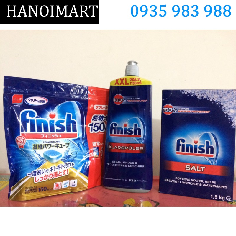 Combo Viên rửa bát Finish 150 viên + Muối làm mềm nước Finish 1.5kg + Nước làm bóng Finish 400ml + tặng 4 viên