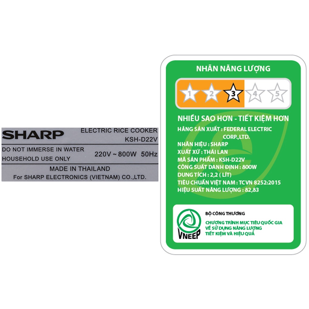 Nồi cơm điện Sharp KSH-D22V 2.2 lít  800 W giữ ấm - Chính hãng BH 12 tháng - Sản xuất tại Thái Lan