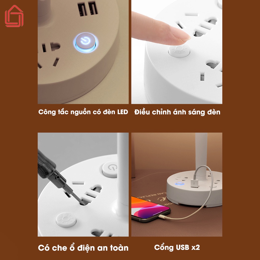 Đèn ngủ để bàn hình nấm, điều chỉnh độ sáng tích hợp ổ cắm điện đa năng có cổng USB tiện lợi