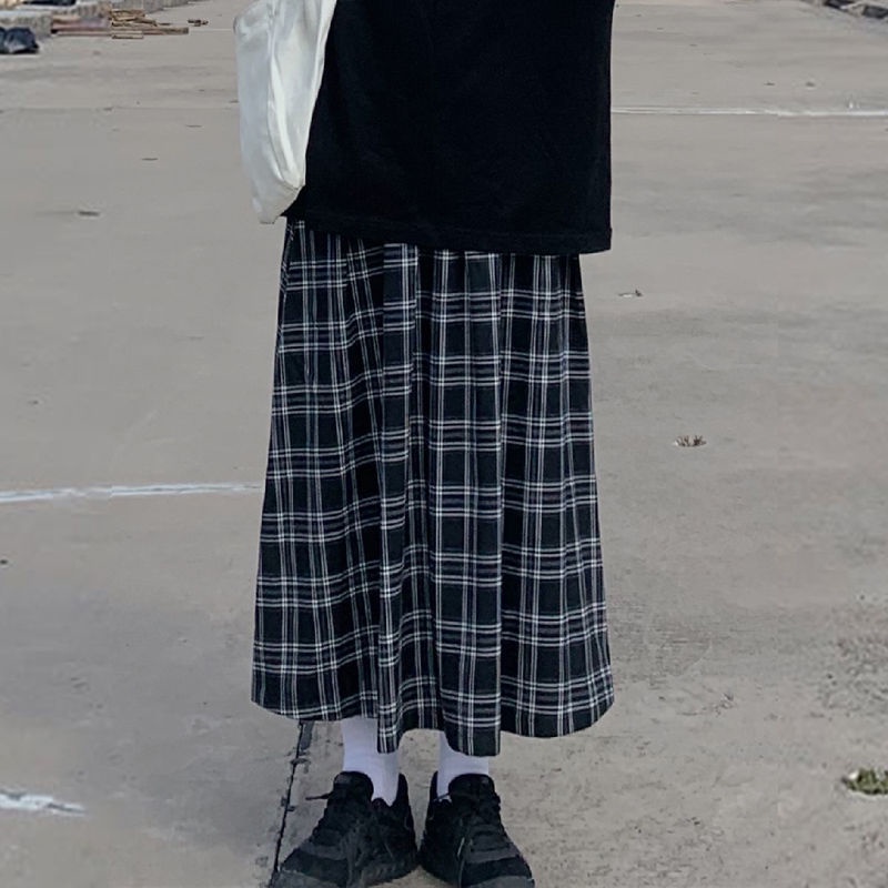 Chân Váy Dài Dáng Chữ A Lưng Cao Họa Tiết Kẻ Sọc Phong Cách Retro Nhật Bản Thời Trang Mùa Đông Cho Nữ