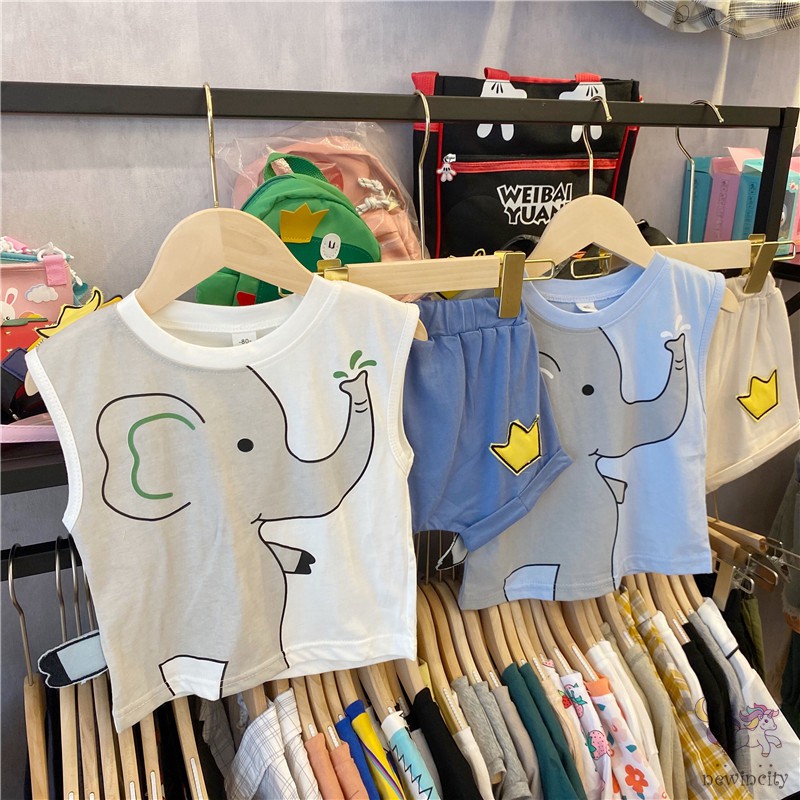 Bộ áo thun sát nách in họa tiết chú voi + quần short thời trang cho bé trai