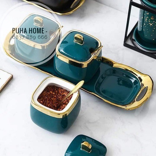 Set 3 hũ gia vị thìa vàng cao cấp [ƯU ĐÃI] Sét đựng gia vị kèm thìa vàng, khay đựng bằng sứ cao cấp
